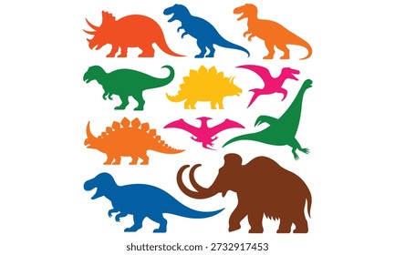 Das Bild zeigt helle Silhouetten verschiedener Dinosaurier, darunter Triceratops, Tyrannosaurus Rex und Stegosaurus, neben einem wolligen Mammut. Es ist eine lebendige, karikaturische Darstellung. hochwertig, professionell, detailliert