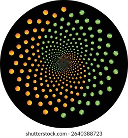 The image displays a captivating optical illusion set against a solid black background. It features numerous small, circular dots arranged in a mesmerizing