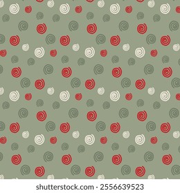 The image displays a captivating pattern with red, white, and gray spiral circles against a green background. The evenly distributed spirals create a balanced, visually appealing design.