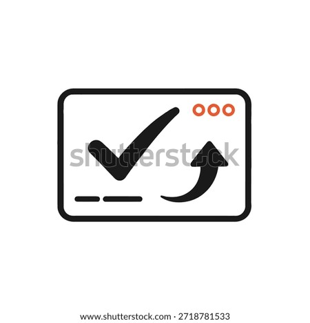 The image displays a checkmark symbol, which typically signifies confirmation or approval, alongside an upward-pointing arrow, indicating an update or progression. The three red dots in the top right corner suggest a notification or alert.