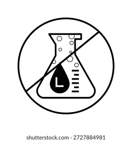 La Imagen muestra un símbolo circular con una línea diagonal que lo atraviesa. Dentro del círculo, hay una representación de un frasco comúnmente utilizado en química. El matraz contiene un líquido negro con la letra 'L' en su interior. La Imagen general significa que no se permiten ni prohíben los productos químicos o sustancias químicas.