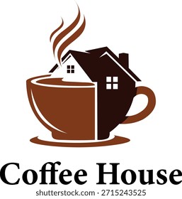 La Imagen muestra un logotipo ingeniosamente diseñado para una "cafetería", que combina los Elementos visuales de una taza de café con la silueta reconfortante de una casa. 
