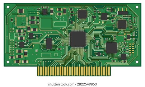 The image displays a close-up view of a green printed circuit board with a solder mask and intricate gold-colored circuitry. Prominent rectangular black integrated circuits are mounted alongside a row of gold connector pins, with numerous circular and square solder pads and fine yellow traces covering the surface.