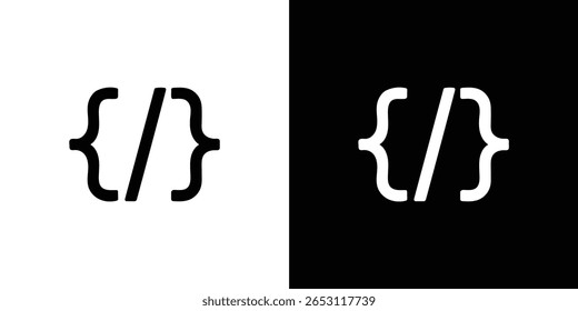 A imagem exibe um símbolo de sintaxe de código apresentado em estilos contrastantes de preto em um plano de fundo branco e branco em um plano de fundo preto, lado a lado.