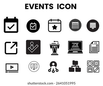 The image displays a collection of 15 simple business and event-related icons, featuring symbols like calendars, check marks a podium, a laptop with "JOB" displayed, and various other generic business - Powered by Shutterstock - Get 15% off with code: PIKWIZARD15