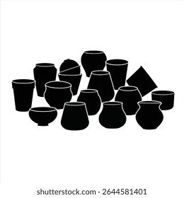 
The image displays a collection of 16 black silhouettes of various pottery and ceramic shapes arranged in a somewhat organic, scattered grouping.