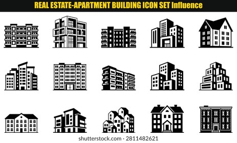 The image displays a collection of apartment building facades rendered in a two-tone style. The buildings exhibit various architectural features including rectilinear forms and different roof types such as pitched and gable roofs. These representations focus on the exterior structure.