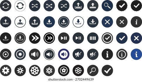 La Imagen muestra una colección de íconos circulares de la interfaz de usuario, incluyendo controles de medios, Botones de Descarga, Configuraciones y símbolos de información en varios estilos.