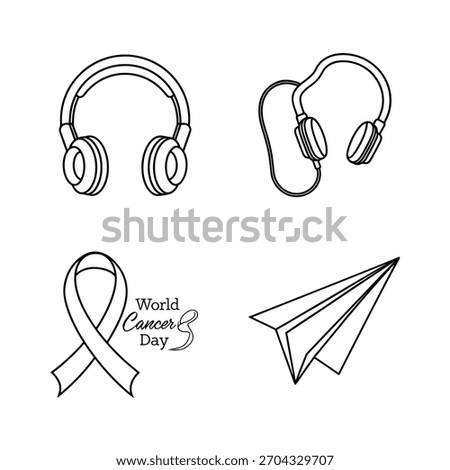 The image displays a collection of four different line-art illustrations: 
Two variations of headphones or headsets.
A ribbon with the text "World Cancer Day".
A paper airplane