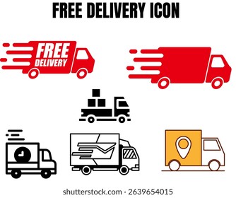 The image displays a collection of "free delivery" icons, primarily featuring stylized red and black delivery trucks, some with speed lines and various symbols indicating delivery services.