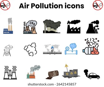 The image displays a collection of icons related to air pollution, featuring various sources like industrial factories emitting smoke, gas leaks, and vehicle exhaust, along with symbols .