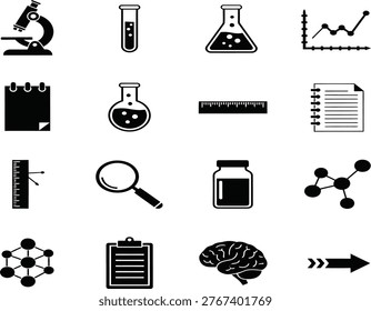 The image displays a collection of laboratory equipment and tools commonly used in scientific experiments. Items include beakers, test tubes, microscopes, flasks, Bunsen burners, scales, petri dishes, tweezers, test tube racks, safety goggles, a mortar and pestle, a funnel, a magnifying glass, a hot plate, a thermometer, a syringe, a pipette, a flask with a stopper, a wire gauze, a tripod stand, and a stirring rod. These tools are essential for conducting chemical, biological, and physical experiments, facilitating accurate measurements, observations, and preparations.