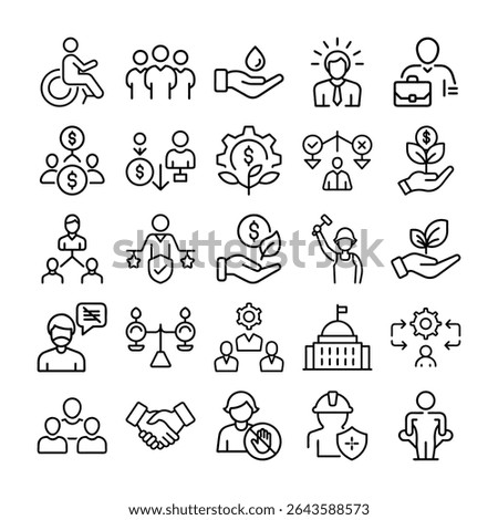 The image displays a collection of line art icons representing various business, social, and economic concepts on a clean white background.