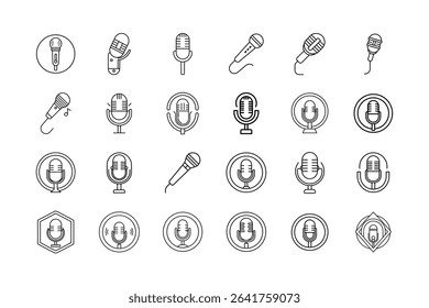 The image displays a collection of microphone icons, rendered in a clean, minimalist outline style, showcasing different designs and variations of microphone shapes.