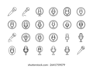 The image displays a collection of microphone icons in a simple, outlined style. They are arranged on a white background, showcasing various microphone designs and styles.