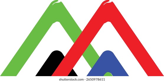 The image displays a collection of overlapping shapes in green, red, blue, and black against a white background. 