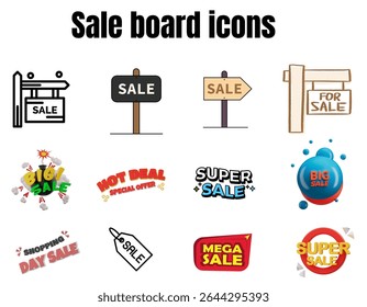 The image displays a collection of twelve distinct "Sale board icons" and text graphics, featuring various styles of sale signs and promotional phrases.