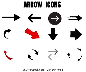 The image displays a collection of twelve diverse arrow icons, presented in various styles, directions, and colors, suitable for digital and graphic design applications.