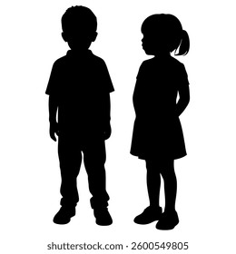 The image displays a contrasting silhouette of a young boy and girl standing close to each other against a solid white background. 