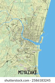 The image displays a detailed map of Miyazaki City in Japan. The map features a light green color scheme with a network of roads, rivers, and waterways. A prominent river flows through the city