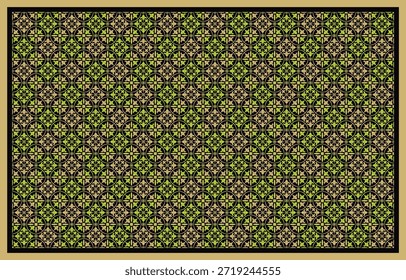 La Imagen muestra un patrón geométrico detallado y repetitivo que se puede describir como un diseño textil o de superficie de estilo vintage. El estampado continuo presenta una intrincada disposición de motivos Pequeños y entretejidos, que se asemejan a una textura de tejido o hexágonos de azulejos, en tonos de verde, oro y marrón oscuro o negro