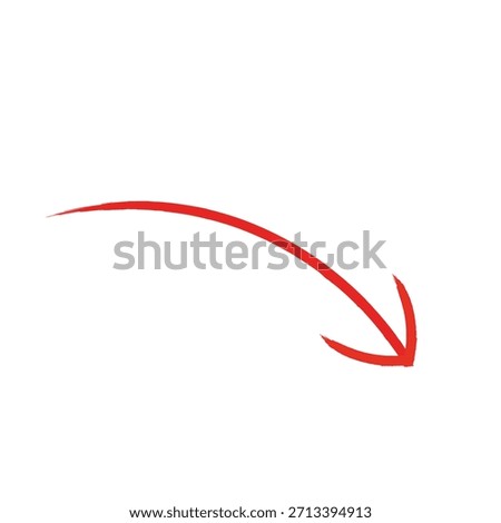The image displays a digital graphic of a single red arrow. The arrow starts from the top-left portion of the frame, curves downward in a smooth arc, and terminates in a point directed towards the bottom-right. The style resembles a simple, thick, hand-drawn line. The background is plain white, making the red arrow stand out clearly. This type of icon is commonly used to symbolize concepts such as decreasing value, a downward trend, or simply to guide visual flow in a document or presentation. The red color suggests attention or importance.