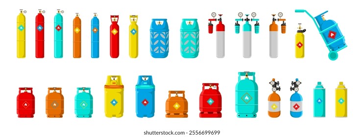 The image displays a diverse array of gas cylinders in various sizes, colors, and configurations, including portable carts.