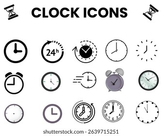 The image displays a diverse collection of clock icons, including classic analog designs, digital representations, and abstract interpretations, suitable for various design applications.