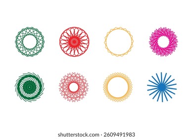 The image displays eight colorful geometric patterns arranged in two rows. Each pattern is unique in design and color, including green, red, yellow, pink, and blue. 