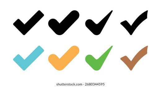 La Imagen muestra ocho íconos de tick. La fila superior incluye cuatro marcas de verificación negras con diferentes Formas. La fila inferior incluye colores como azul, naranja, verde y marrón.
