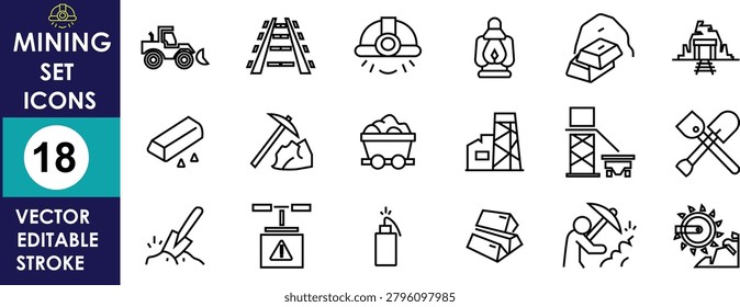 The image displays eighteen mining vector icons with editable strokes, featuring industry elements like a bulldozer, a pickaxe, gold bars, and a helmet.
