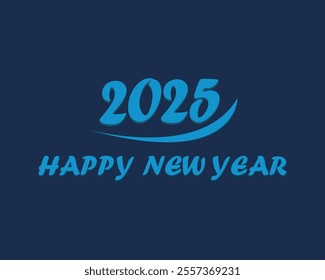 The image displays a festive design with the year "2025" written in bold blue numbers at the center. A blue swoosh curves underneath the year, adding a sense of motion and celebration. 