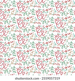 The image displays a festive pattern with colorful confetti and streamers in red, green, and gold on a white background. The design is lively and celebratory, making it suitable for party decorations 