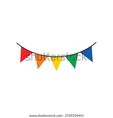 The image displays a festive string of triangular bunting flags in vibrant colors including red, orange, yellow, green, and blue. Each flag is evenly spaced along a curved string, creating a cheerful and celebratory appearance, often used for decorations during parties or holidays.