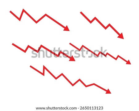 The image displays five distinct red lines with a jagged, downward trend, each ending in an arrow pointing downwards.