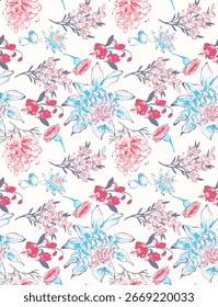The image displays a floral pattern, commonly used for textiles and other decorative purposes, featuring various flowers in shades of pink, blue, and white.