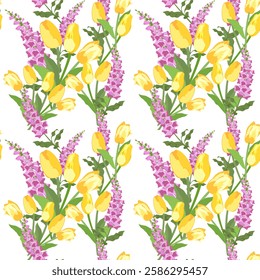 The image displays a floral pattern with yellow tulips and purple foxgloves arranged symmetrically on a white background, creating a vibrant, natural, and artistic botanical design. Vector floral 