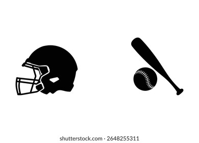 A imagem mostra um capacete de futebol e equipamento de beisebol em silhueta, criando um contraste visual simples, mas impressionante, em um fundo branco.