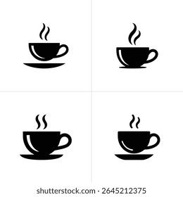 Image displays four black and white cup and saucer illustrations, with rising steam indicating hot beverages, presented in a minimalist and monochrome design on white.