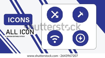 The image displays four circular icons in blue and white, representing functionalities like location, tools, wifi, and charging.