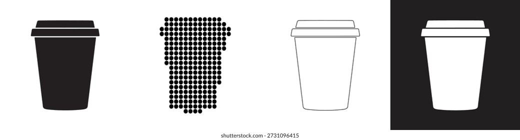 The image displays four coffee cups arranged in a row. Each cup has a unique pattern or color. From left to right, the cups are black, checkered, plain white, and solid white.