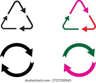 Das Bild zeigt vier verschiedene Symbole, die Zyklen und Recycling darstellen. Die oberste Reihe weist zwei dreieckige Pfeile auf, die eine Schleife bilden, einer in Schwarz und einer in Mehrfarben (Rosa, Grün und Rot). Die untere Reihe zeigt zwei kreisförmige Pfeile, einer in schwarz und einer in mehrfarbig (rosa und grün). Diese Symbole werden häufig verwendet, um Recycling und kontinuierliche Prozesse anzuzeigen.