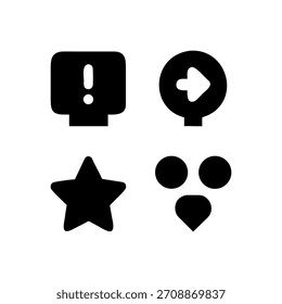 La Imagen muestra cuatro íconos negros distintos sobre un fondo blanco, dispuestos en una cuadrícula de 2x2. El icono superior izquierdo es un cuadrado redondeado con un signo de exclamación en su interior. La parte superior derecha es un círculo con una derecha