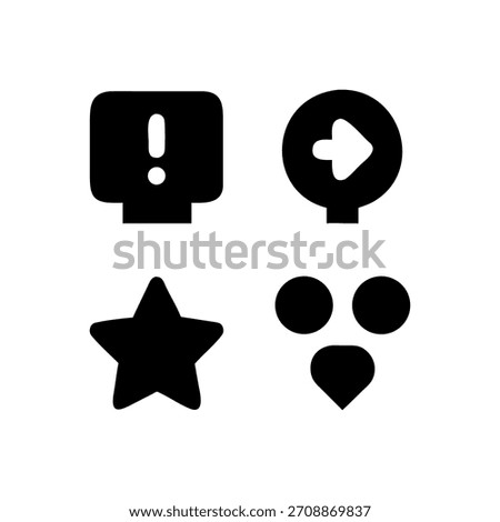 The image displays four distinct black icons on a white background, arranged in a 2x2 grid. The top left icon is a rounded square with an exclamation mark inside. The top right is a circle with a righ