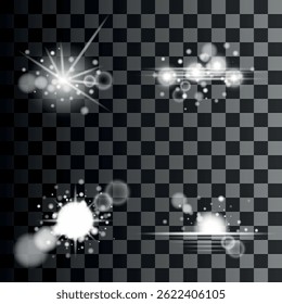 L'Image affiche quatre effets distincts d'éclat et de lumière sur fond sombre à carreaux, ce qui suggère la transparence. Chaque effet présente un style différent de manipulation de la lumière