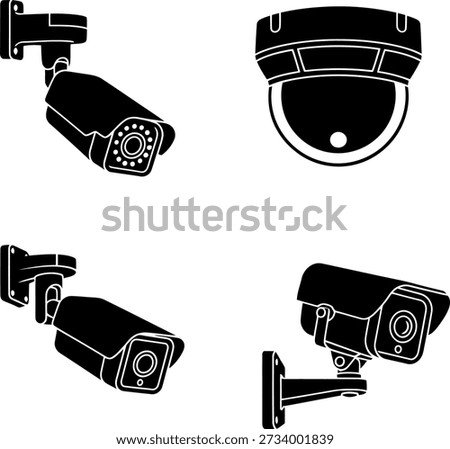 The image displays four distinct types of security cameras, each depicted in a black and white line drawing style. The cameras are arranged in a square formation, showcasing various designs and mounting options, highlighting the diversity in surveillance technology.