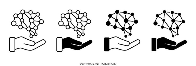 The image displays four line drawings of hands supporting interconnected networks of dots and lines. Each drawing shows a progression or variation of the hand-network relationship.