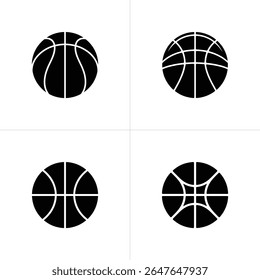 Image displays four variations of a black basketball icon, presented against a white background in a square layout, ideal for diverse design projects.