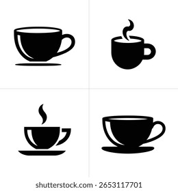 Image displays four variations of a black coffee cup, some steaming. Illustrations are isolated against a white background, ideal for logos or icons.