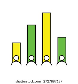 The image displays four vertical bar graphs, each with a different height and color. The bars are arranged in a row and have distinct colors: yellow, green, yellow, and green. Each bar has a small circle at the bottom center.